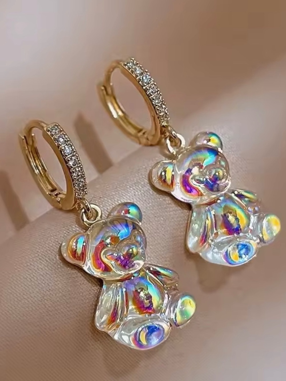 Gold Hoop Earrings with Iridescent Teddy Bear Dangles new